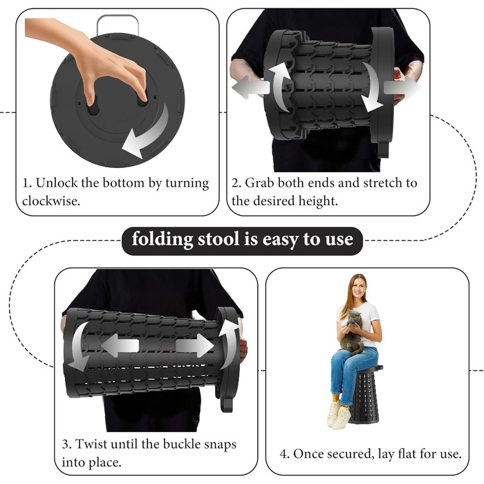 Портативний телескопічний стілець, портативний складаний стілець, висувний складаний стілець для кемпінгу, риболовлі, подорожей, барбекю, походів, регульований складаний стілець, складний стілець, вантажопідйомність 280 кг з карабіном, чорно-білий, 25x25x