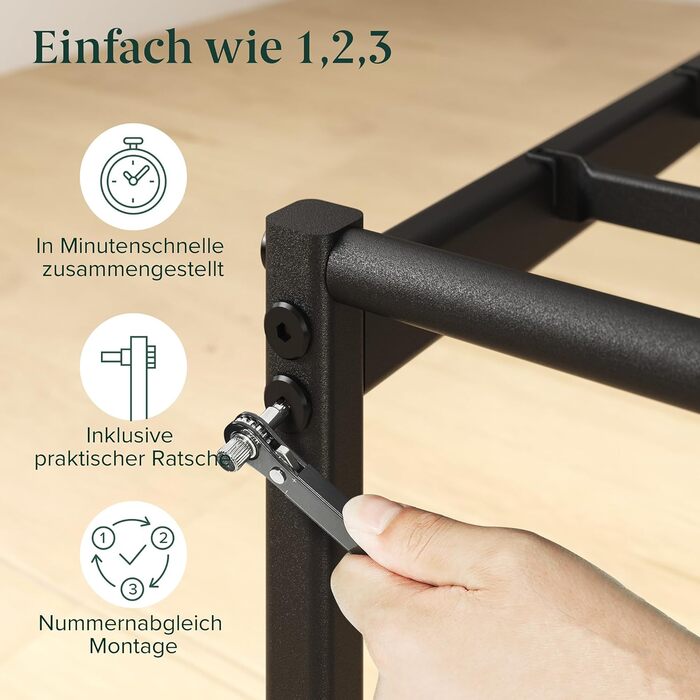 Ліжко Zinus Elias каркас 140x200 см з сучасним узголів&39ям - Металеве ліжко 140x200 з металевою рейковою основою - Платформа заввишки 30 см з простором під нею - Пружинний матрац не потрібен - Чорний 140 x 200 см