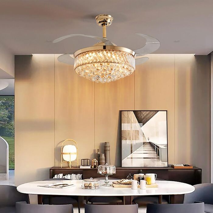 Тихий вентиляторний світильник Кришталевий стельовий вентилятор з пультом дистанційного керування Сучасна висувна стельова люстра