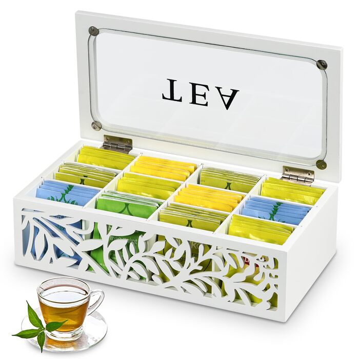 Чайна коробка, коробка для чайних пакетиків, перфорована дерев&39яна коробка для зберігання чаю з 12 відділеннями, контейнер для зберігання зі скляною стінкою та кришкою (білий) - чайна скринька для чайних пакетиків, цукру, кавових капсул