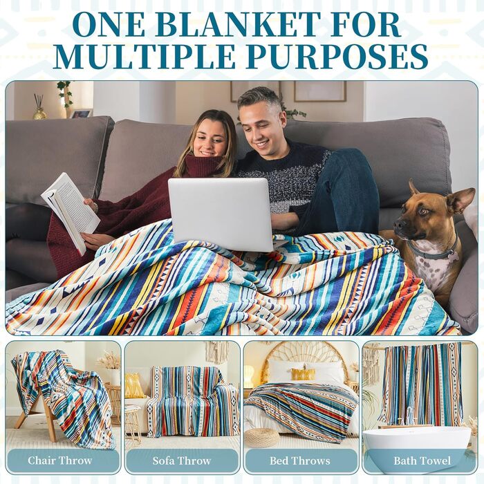 М&39яка ковдра Qucover 150x200, плед у стилі бохо з різнокольоровими смужками, м&39який, теплий вовняний плед, пухнастий плед для дивана для подорожей, кемпінгу та використання на свіжому повітрі. Висока щільність тканини 260 г/м, 150x200 см