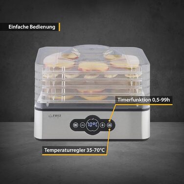 Дегідратор TZS First Austria Дегідратор для фруктів, трав, грибів і м'яса цифровий з таймером і регулятором температури 35-70C 5 полиць, полиці з нержавіючої сталі, дегідратор з таймером Полиці з нержавіючої сталі 5 поверхів