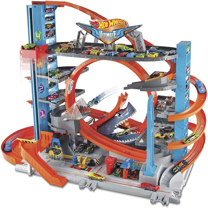 Гараж, Hot Wheels Гараж акули, вкл. 2 іграшкові машинки, з гоночним треком, петляючими доріжками, іграшковим підйомником і місцем