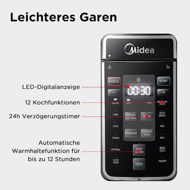 Електрична скороварка Midea 9-в-1, 12 попередніх налаштувань Миттєва мультиварка Каструля з антипригарним покриттям Йогуртоварка Рисоварка Повільна плита Пароварка Соте Пароварка Внутрішня каструля з нержавіючої сталі, 8 літрів Чорний