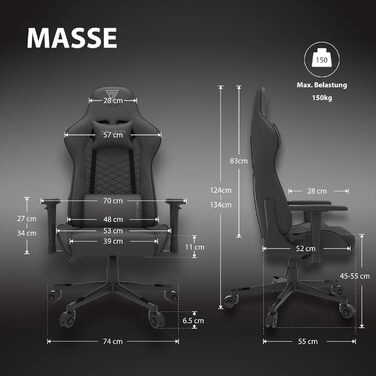 Офісне крісло Spellcaster Gaming Fabric, ергономічне крісло для геймерів, підлокітники, цільна сталева рама, регульований кут нахилу, чорний колір, 43-52 x 69,5 x 57, 5902659841537 Тканина чорного кольору