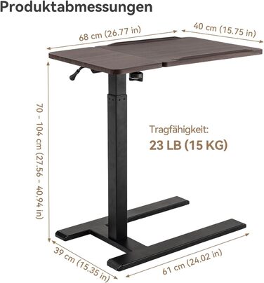 Приліжковий столик SIHOO D01 Стіл для ноутбука з регульованою висотою та можливістю нахилу на колесах для використання в лікарнях та вдома, темно-коричневий