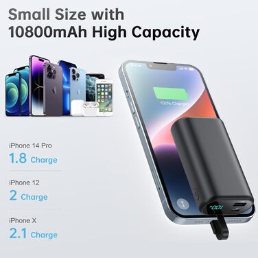 Для iPhone 10800mAh з вбудованим кабелем, швидка зарядка PD 3.0A, LCD дисплей, зовнішній акумулятор, сумісний з iPhone 14 Pro Max/14/13/13 Pro/12/11/XS/XR/X/8 Plus/SE та ін. A-чорний