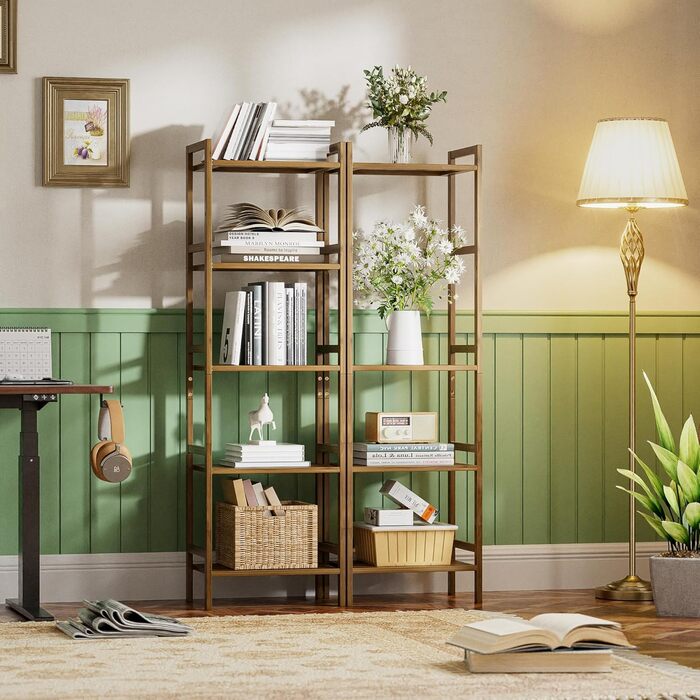 Бамбукова полиця для ванної кімнати HITNET, 5-рівнева книжкова полиця, полиця для ванної кімнати, окремостояча вузька висока полиця з регульованими полицями, компактна полиця для зберігання речей для домашнього офісу, горіх