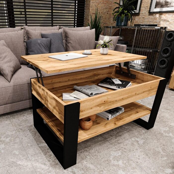 Журнальний столик з регульованою висотою та місцем для зберігання - Журнальні столики - Розкладний стіл для вітальні - Журнальний столик з регульованою висотою - Стіл для вітальні дерев&39яний коричневий Вотан/чорний.