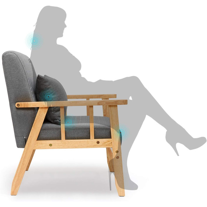 Крісло Mondeer з льону, каркас з масиву дерева, ретро-стиль з подушками для спальні, вітальні, балкону, офісу, темно-сіре, 64 Г x 64 Ш x 73 В см, 1 місце, темно-сіре