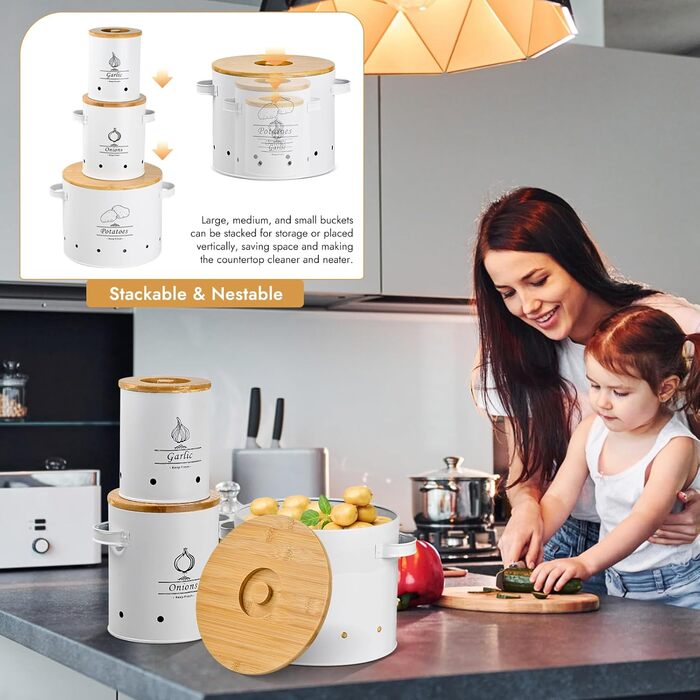 Набір із 3 контейнерів для зберігання картоплі, цибулі та часнику, металеві з вентиляційними отворами, штабелювана конструкція з бамбуковими кришками, кухонний органайзер для овочів (чорний)