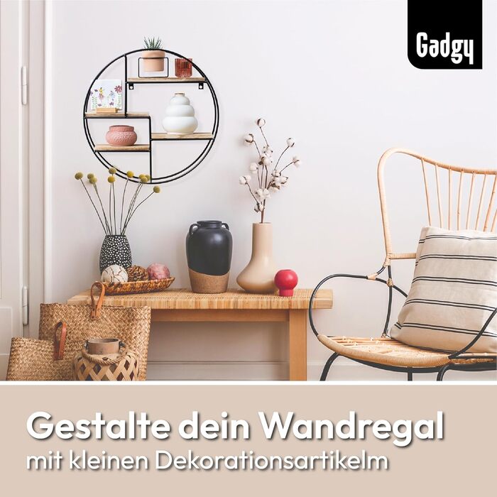 Настінна полиця Gadgy кругла - Настінна полиця з 4 полицями - Настінна полиця з дерева та звареного надтовстого металу - Оздобленн