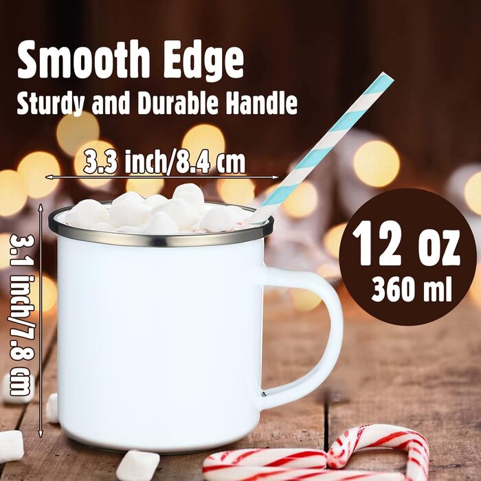 Набір з 12 емальованих кавових чашок Mimorou з сублімацією, білий, порожній, 340 мл, для кемпінгу, на природі, для чаювання, для подорожей, металевий, вузький кухоль зі срібним обідком, для вечірок, подарунків