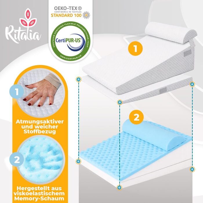 Подушка-клин Ritalia, 3 висоти, 60x60x30 см Подушка для спини для ліжка та для ніг Ергономічна подушка для сидіння з опорою для спини, ідеально підходить як подушка-клин для сну та покращення матраца, 60x60x30 сірого кольору