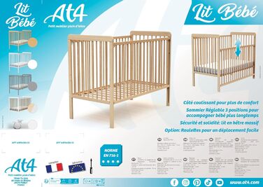 Дерев&39яне дитяче ліжко з матрацом 60x120 ESSENTIEL Біле Дитяче ліжко З 4 колесами З регульованою рейковою основою (3 положення), 4 -