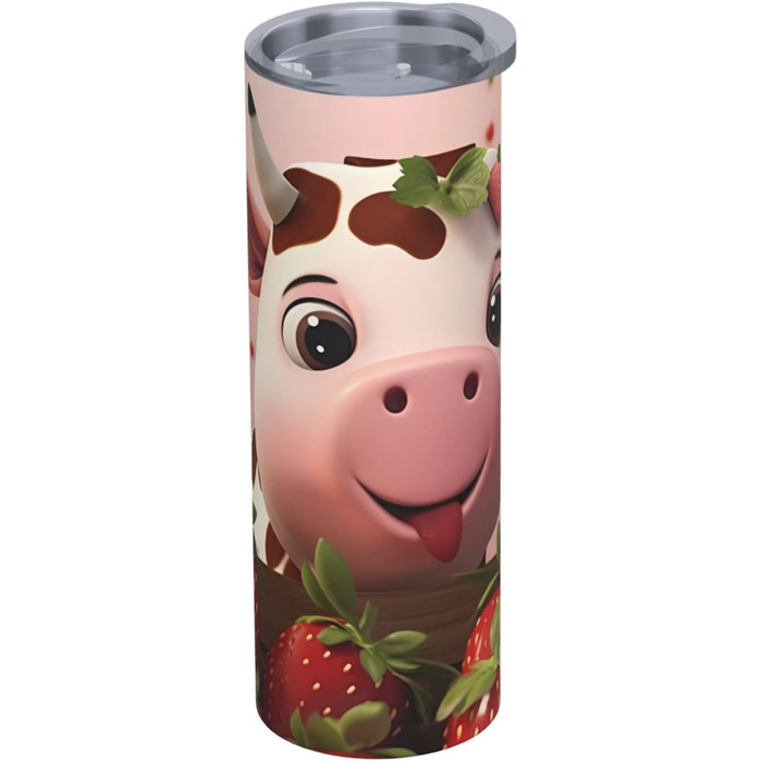Кухоль з прямою трубочкою, дизайн корови та полуниця, друкований, дорожній кухоль, підходить для кемпінгу, офісу та дому, 590 мл
