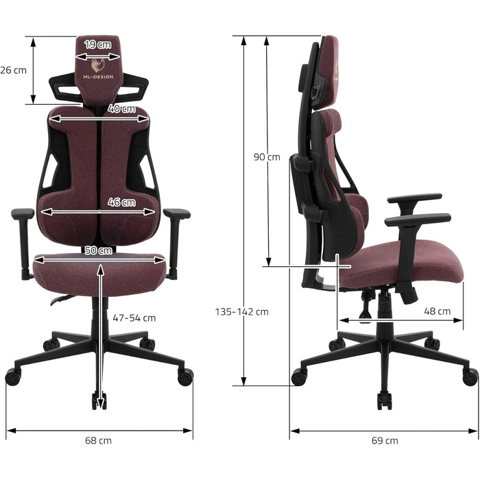Ігрове крісло ML-Design, тканина, червоне, ергономічне офісне крісло, 3D підлокітники, підголівник, поперекова підтримка, індивідуально регульоване ігрове крісло, геймерське крісло, комп&39ютерне крісло, письмове крісло для домашнього офісу