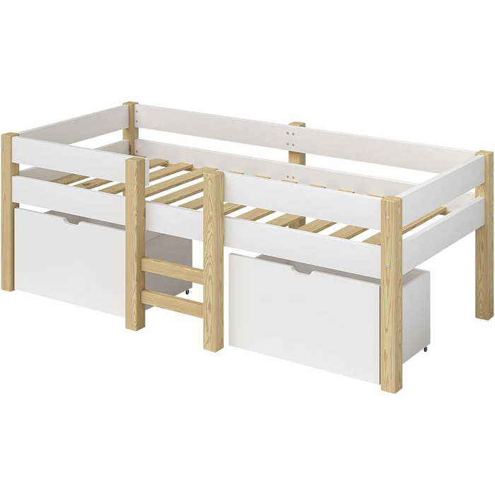 Дитяче ліжко Bellabino Aspy 90x200 см Ліжко-горище з 2 шухлядами, поручнями та рейковою основою Ліжко середнього класу з драбиною з масиву сосни білого/натурального кольору Дитяче ліжко з місцем для зберігання (матрац не входить до комплекту) Біле - з шух