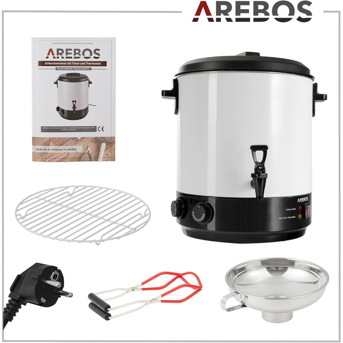 Консервуюча машина Arebos 1800 Вт Горщик для консервації 28 л з таймером, термостатом і захистом від перегріву Плавне налаштування температури 30-110 C Перемикач таймера 20-120 хв. Глінтвейн Винник Торговий автомат з гарячими напоями