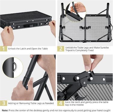 Стіл для кемпінгу Anbte, розкладний стіл з 3 регульованими висотами, стіл для гриля з алюмінію, 60*40 см, стіл-валіза з металевою сітчастою стільницею, легкий та портативний, садовий стіл, пивний стіл для пікніків на пляжі (чорний)