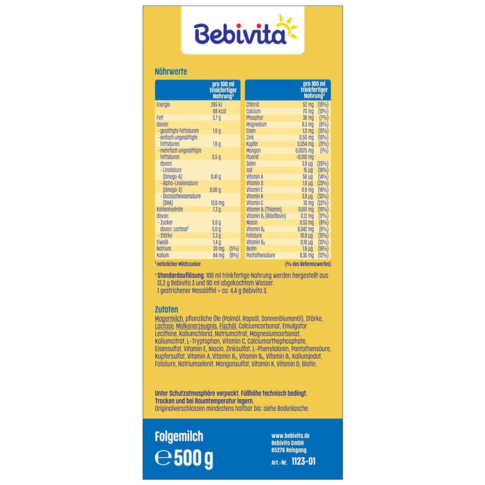 Молочна суміш Bebivita 3 для дітей віком від 10 місяців (4 x 500 г), з вітамінами C та D, Омега-3 (DHA, ALA), що насичує дитину відповідно до віку