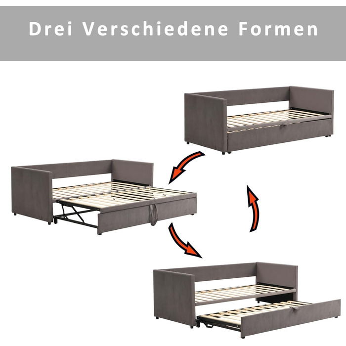 Диван-ліжко шириною 200 см, розкладний диван-ліжко, настінне ліжко з диваном, ліжко-мерфі 90/180 x 200 см, м&39яка розкладна кушетка з рейковим каркасом, двоспальне ліжко, оксамитова тканина, без матраца (сірий) Сірий 01