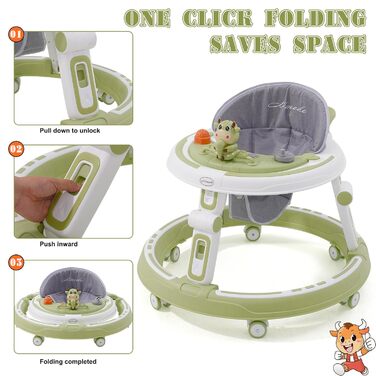 Дитячі ходунки 3-в-1, регульовані по висоті та складані, із захистом від перекидання та 7 рівнями регулювання висоти, для дітей від 6 місяців з тихими колесами, що обертаються на 360, лотком та ігровим центром