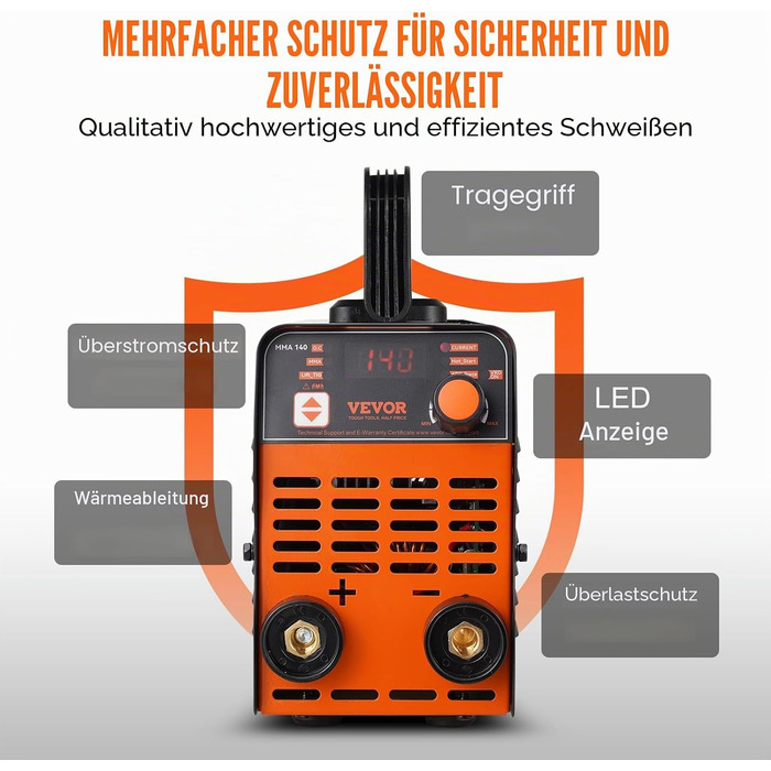 Зварювальний апарат VEVOR 220 В, 140 А ARC/Lift TIG, портативний 2-в-1 з LED-дисплеєм, функціями Hot Start, Arc Force, Anti-Stick та VRD, MMA інвертор