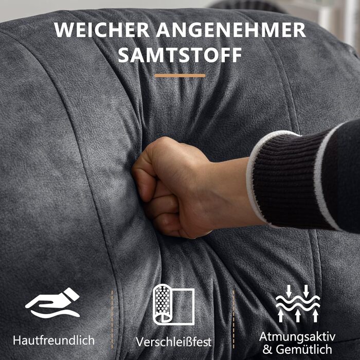 Моторне електричне регульоване крісло-реклайнер з функцією нахилу, поворотне крісло для телевізора з масажем та підігрівом, крісло для кінотеатру з USB/LED/Type C, до 150 кг (оксамитово-сірий, 1) Оксамитово-сірий 1, 2-