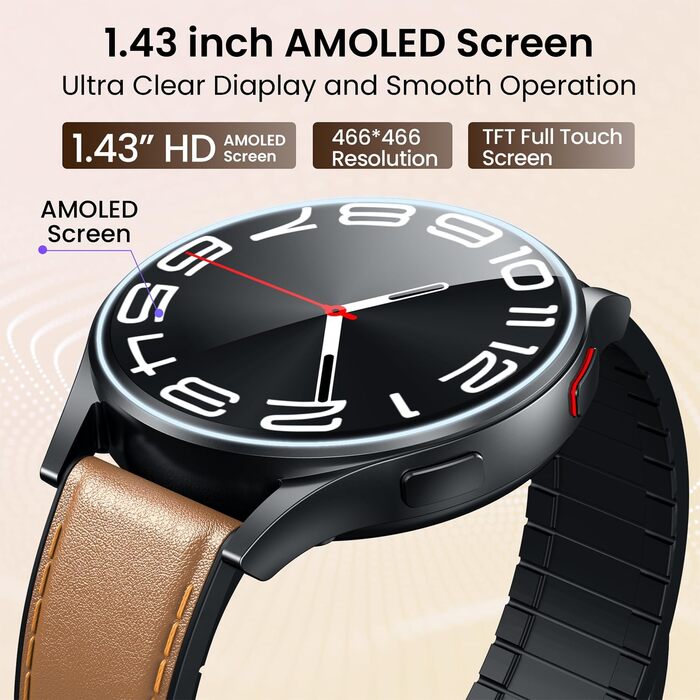 Чоловічий смарт-годинник з ЕКГ HDR монітором артеріального тиску смарт-годинник 1,43 дюйма круглий AMOLED шкіряний ремінець наручний годинник водонепроникний монітор серцевого ритму крокомір функція телефону фітнес-годинник Android iOS коричневий