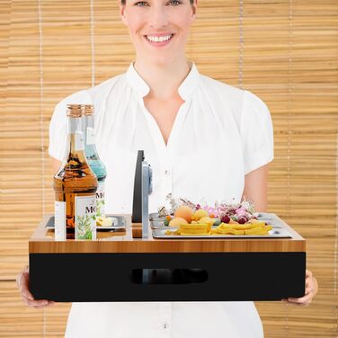 Барна стійка для дивана, органайзер для бічних/журнальних столиків, дерев&39яна барна стійка для дивана як подарунок до пива для чоловіків, піднос для дивана з чотирма мисками для закусок та кількома місцями для зберігання (чорний)