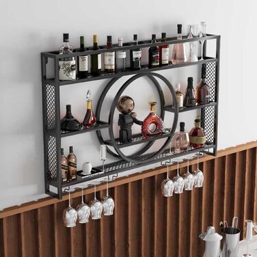 Настінна металева винна полиця, вузька полиця для пляшок, барна полиця з тримачем для винних келихів, полиця для напоїв зі світлодіодним підсвічуванням, підставка для вина, меблі для їдальні, барної стійки, вітальні, кухні, домашнього бару (Nero, 140 см/5