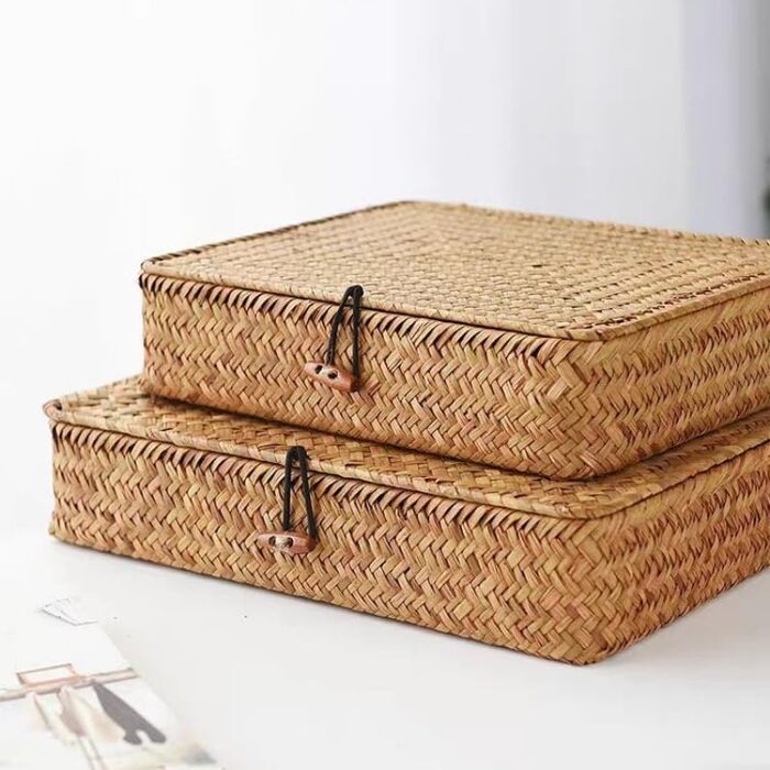 Кошики для зберігання морської трави з кришками, плоский плетений кошик, плоский плетений кошик для полиць, декоративні коробки для зберігання та організації
