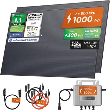 Електростанція Solarway 1000 Вт / 800 Вт для балкону в комплекті з розеткою - Найновіший інвертор EcoFlow Stream 800 Вт - Повний комплект сонячної системи - Двосторонні чорні сонячні панелі 500 Вт та EcoFlow з аксесуарами (без місця для зберігання, без мо