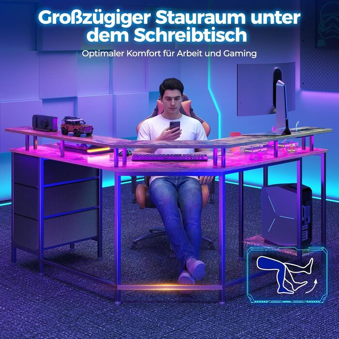 Г-подібний ігровий стіл на сім столів зі світлодіодним освітленням та розетками, кутовий стіл з 3 тканинними шухлядами та місцем для зберігання, комп&39ютерний стіл для домашнього офісу та ігор на ПК, рустикальний коричневий, 13513588 см, вінтажний коричн