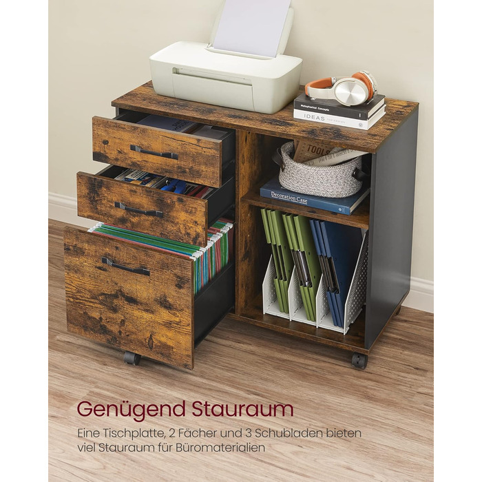 Мобільна картотечна шафа VASAGLE з 3 шухлядами та коліщатками, відкриті відділення, для документів формату DIN A4 та Letter, підставка для принтера, промисловий дизайн, вінтажний коричнево-чорний OFC041B01 Вінтажний коричневий чорний