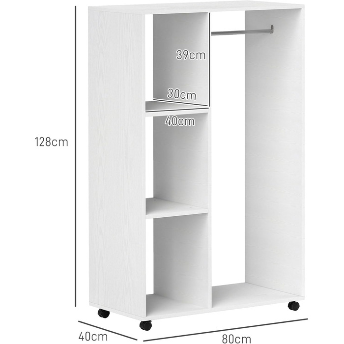 Шафа на колесах, Мобільна шафа, 1 вішалка для одягу, 3 полиці, Шафа, Вішалка для одягу на колесах для коридору, спальні, 80 x 40 x 128 см, Білий