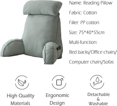 Велика подушка для читання для дивана, крісла, ліжка, підлокітника, м&39якої подушки, подушки для підтримки попереку, спинки, подушки для відпочинку, подушки для талії, подушки для підтримки спини та читання, 75 x 40 x 55 см, сірий 2 75*40*55 см сірий