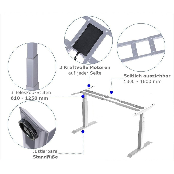 Стіл з регульованою висотою (610x1250 см) - Стіл для роботи сидячи/стоячи з портами зарядки - Каркас столу з електричним регулюванням висоти та сталевими ніжками - Стіл з регульованою висотою, білий 610-1250 мм 2 ніжки білий