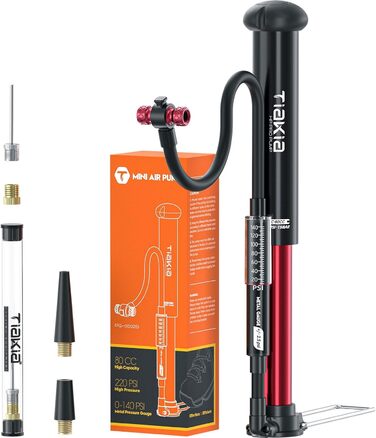 Велосипедний насос Tiakia з манометром, маленький велосипедний насос для всіх типів вентилів, алюмінієвий міні-насос для підлоги, портативний насос для шин для вентилів Schrader та Presta, для шосейних та гірських велосипедів, 220 PSI/15 BAR