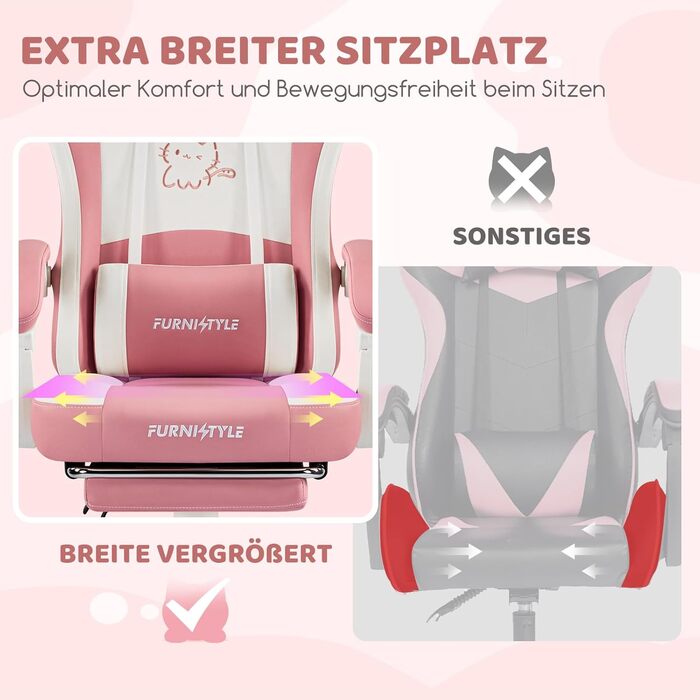 Миле ігрове крісло Hellove з котячими вушками, ергономічне комп&39ютерне крісло з високою спинкою та поперековою опорою, ігрове крісло з підставкою для ніг для дівчаток, підлітків, дітей, шкіра синтетична, рожево-біле