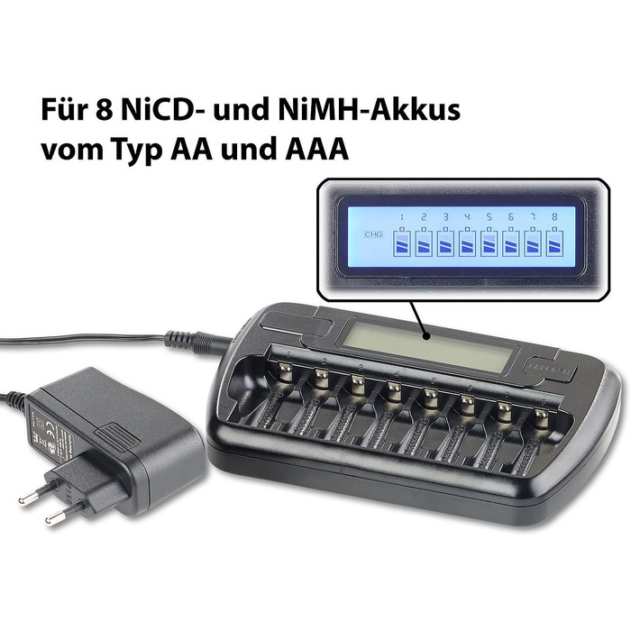 Зарядний пристрій tka Kbele Akkutechnik зарядний пристрій для 8 батарейок типу AA(A), РК-дисплей та контроль окремих слотів (зарядний пристрій, швидкий зарядний пристрій, універсальний)