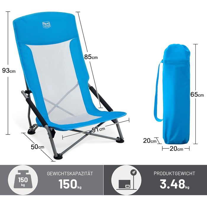 Пляжне крісло TIMBER RIDGE, складне, легке, кемпінгове крісло з високою спинкою, складне з низькими ніжками, спинка з дихаючої сітки, синє