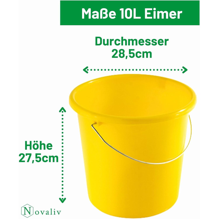 Відро 10л жовте зі шкалою - Відро для прибирання 10 літрів 28,5 см Практичне універсальне відро зі шкалою для дому та саду ідеально підходить як господарське відро, відро для води, відро для швабри, відро 5 10 літрів жовтого кольору, 5 шт.