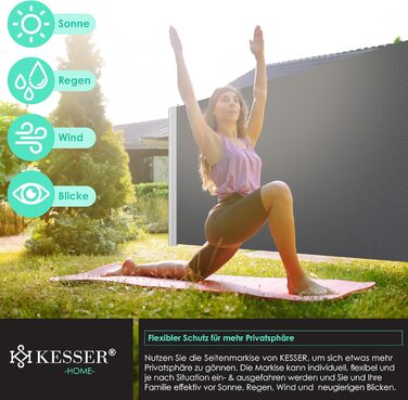 Алюмінієва бічна маркіза KESSER, розсувна та непрозора, 300 x 180 см Захист від вітру та приватності в саду з автоматичним механізмом згортання для балкона та патіо Бічна штора, включаючи дощовик з настінним кріпленням, темно-сіра, 300 x 180 см