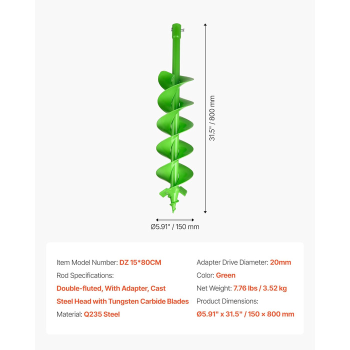 Бур для земляних робіт для дриля, Ø 15x80 см, сумісний з дрилями з внутрішнім діаметром 20 мм, бур для копання ям, садовий бур, насадки для буріння стовпчиків для саду, огорож та міні-екскаваторів