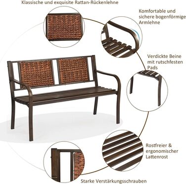 Лавка садова COSTWAY металева, лавка для 2-3 місця до 226 кг з навантаженням, терасна лавка зі спинкою з ротанга та підлокітником, лавка для парку Лавка на балконі Залізна лавка для тераси, балкона, саду, 128 x 58 x 84 см
