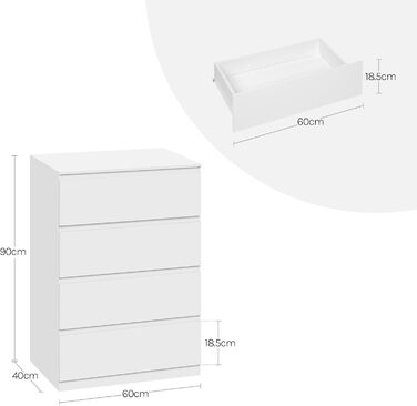 Білий комод великої місткості, буфет з 4 шухлядами, комод для спальні, вітальні, 60x40x90 см