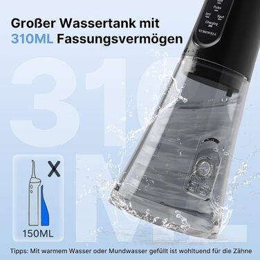Бездротовий іригатор для порожнини рота, електричний зубний іригатор з 5 режимами, 4 насадками, резервуаром для води 310 мл та водонепроникністю IPX7. Іригатор, визнаний найкращим у тестах для очищення в подорожах, покращує здоров'я зубів. Чорний колір.