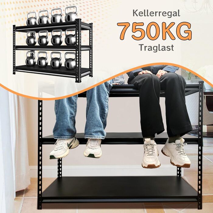 Міцний стелаж, сталевий каркасний стелаж 120 x 45 x 99 см, підвальний стелаж вантажопідйомністю 750 кг, стелаж для зберігання з 3 регульованими полицями, стелаж без болтів, стелаж для майстерні, підвал, гараж (чорний, 120 x 45 x 99 см - 3 полиці) Чорний 1